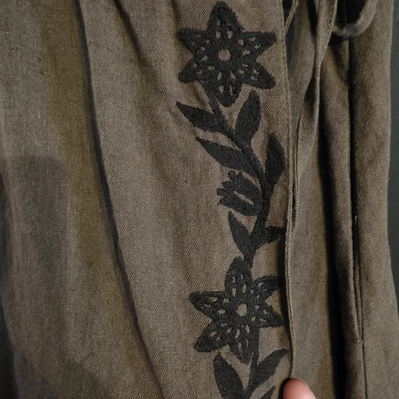Voriagh Linen Olive Brown Wrap Dress Embroidered - Picture 3 of 7